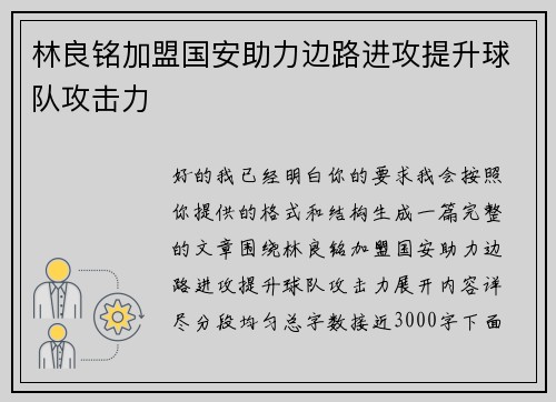 林良铭加盟国安助力边路进攻提升球队攻击力